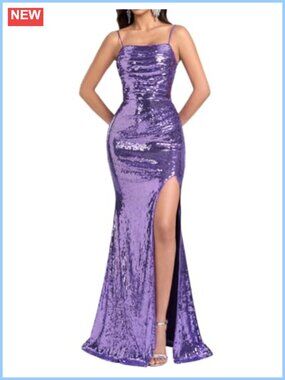 Sequin Spaghetti Strap Maxi Dress Sleeveless Bodycon Prom Evening Gown with Slit